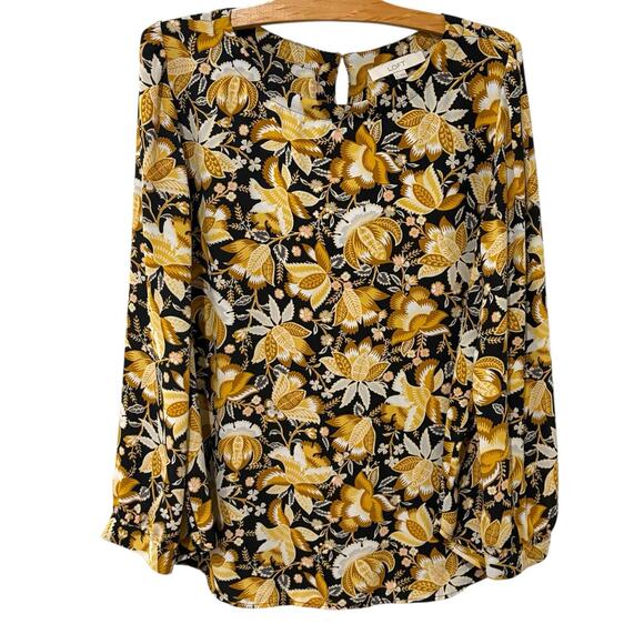 Ann Taylor LOFT | Top Floral Black Yellow Long Sleeve Pullover Career- Size XL - Picture 1 of 7
